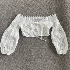 Eyelet lace up off shoulder crop top